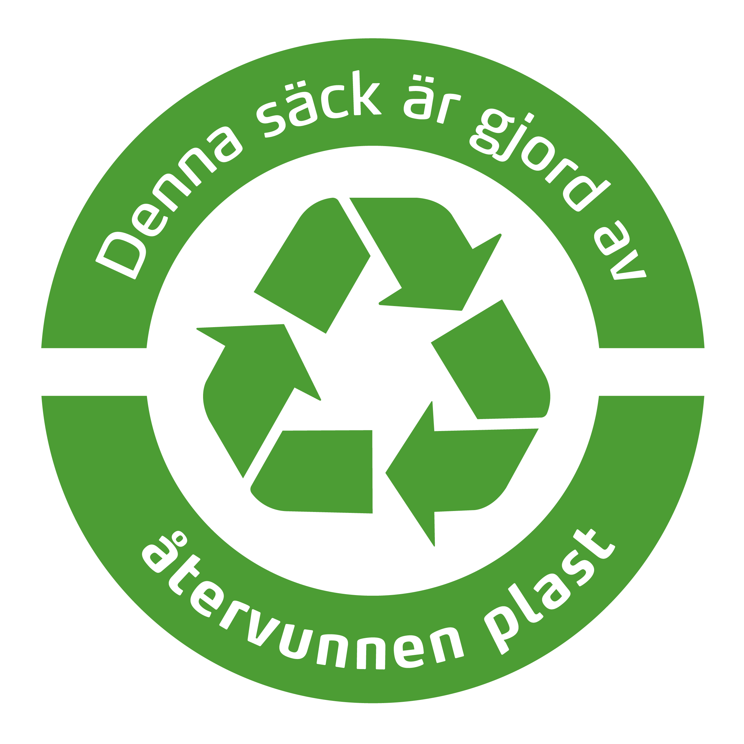 Märke som visar att säcken är tillverkad av recirkulerad plast